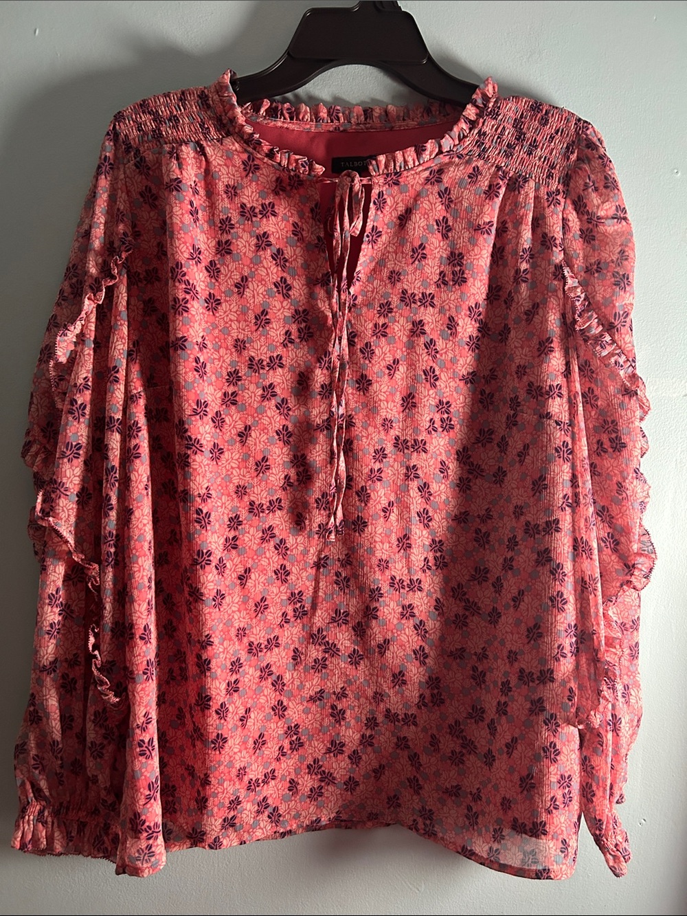 Talbots Pink Floral Ruffle Tie-Neck Blouse